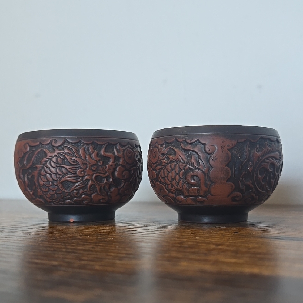 Intricately Carved Chinese Dragon Vintage Ceramic Brown Tea Cups (🛍6/$36)